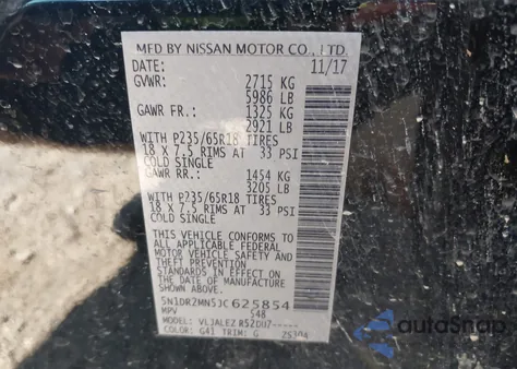 2018 Nissan Pathfinder Sv z USA, uszkodzony, nr VIN 5N1DR2MN5JC625854